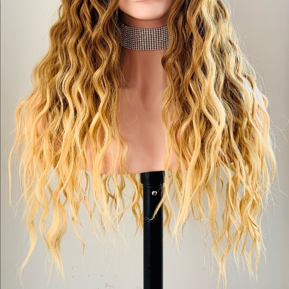 26” Water Wave Ombre Golden Brown/Blonde Premium Fiber Lace Front Wig - Picture 2 of 10